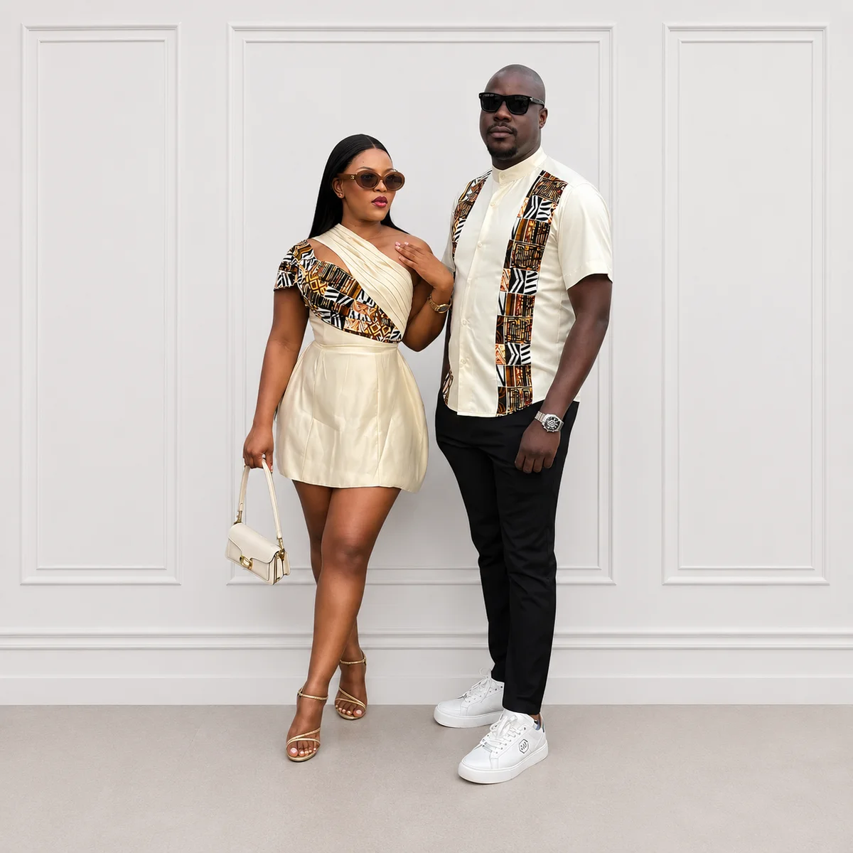 Cream Ankara Couple Set, Traditional Wear