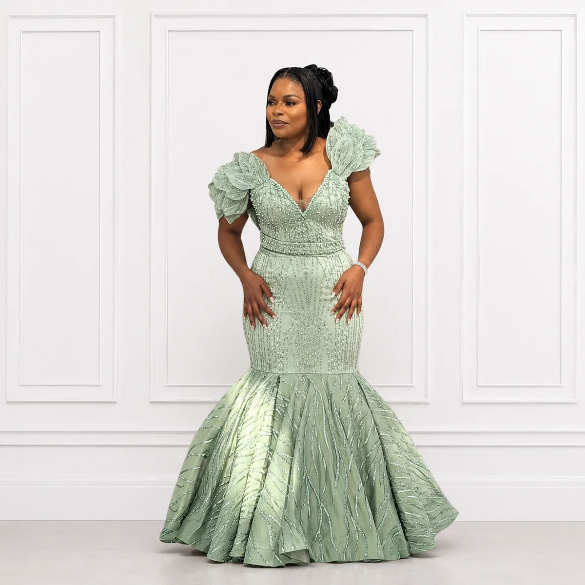 Sage Petal-Shoulder Mermaid Gown, Occasionwear