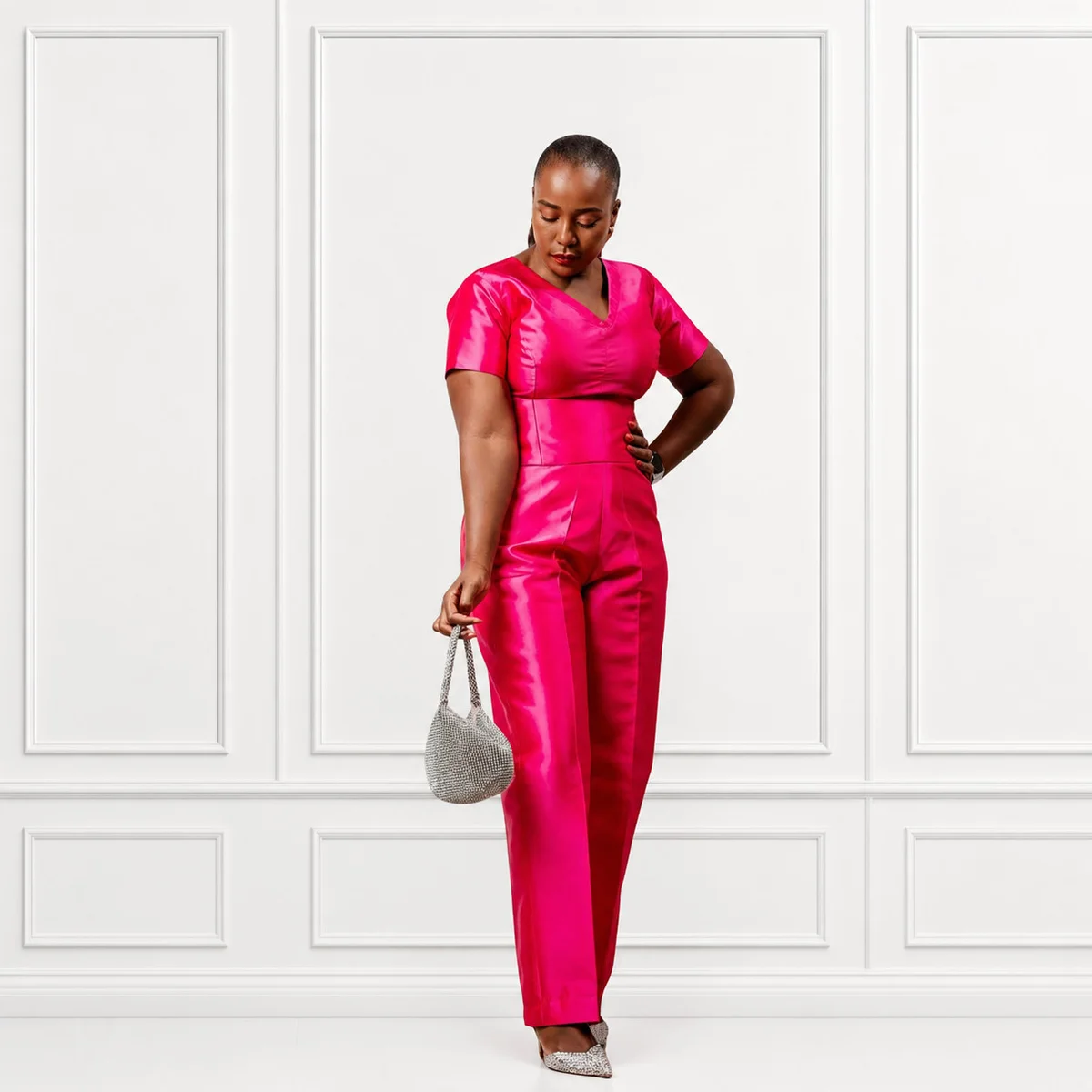 Fuchsia Satin Jumpsuit Set, Occasionwear
