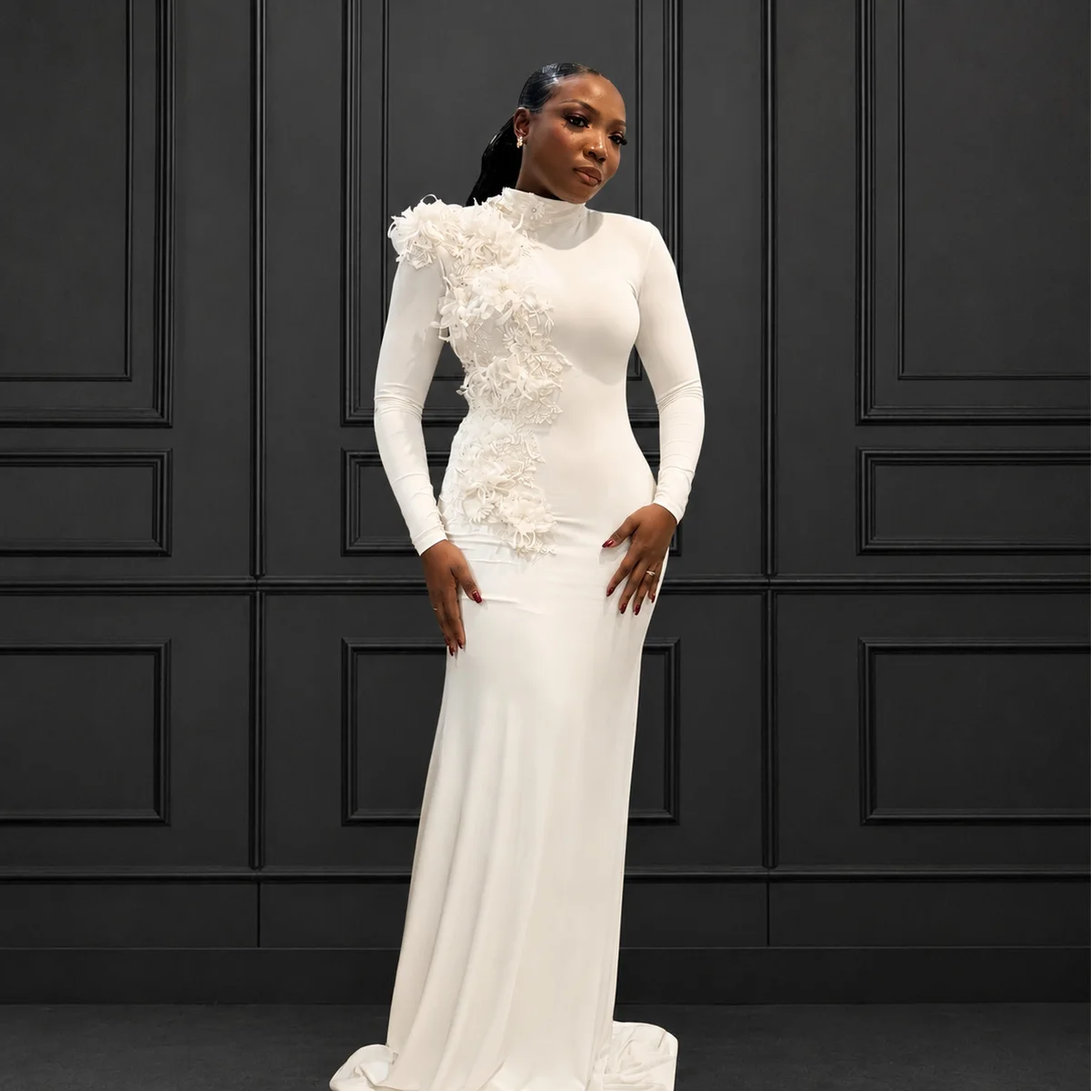 Ivory Floral Appliqué Mockneck Gown, Bridal