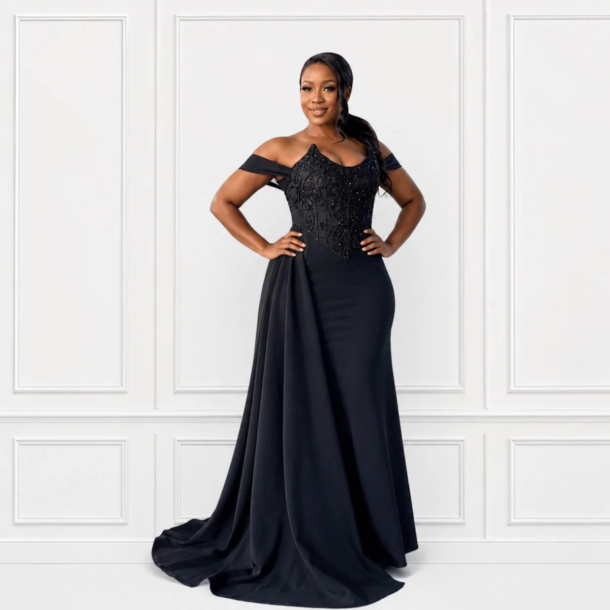 Noir Beaded Off-Shoulder Trumpet Gown, Occasionwear