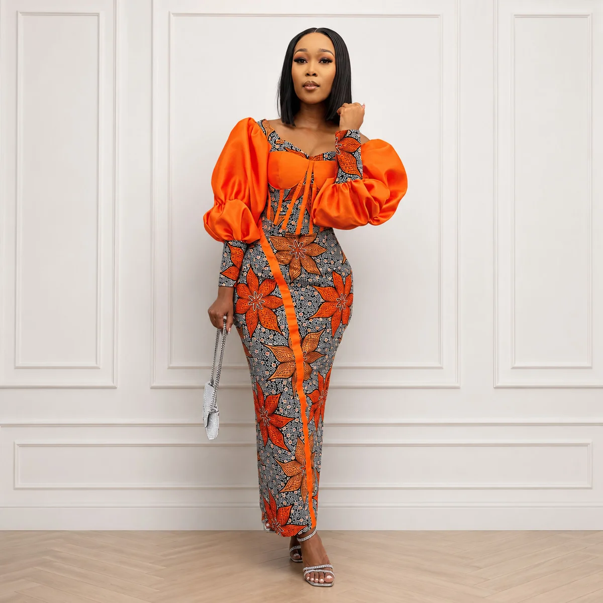 Orange Puff Sleeve Ankara Dress, Traditional Wear