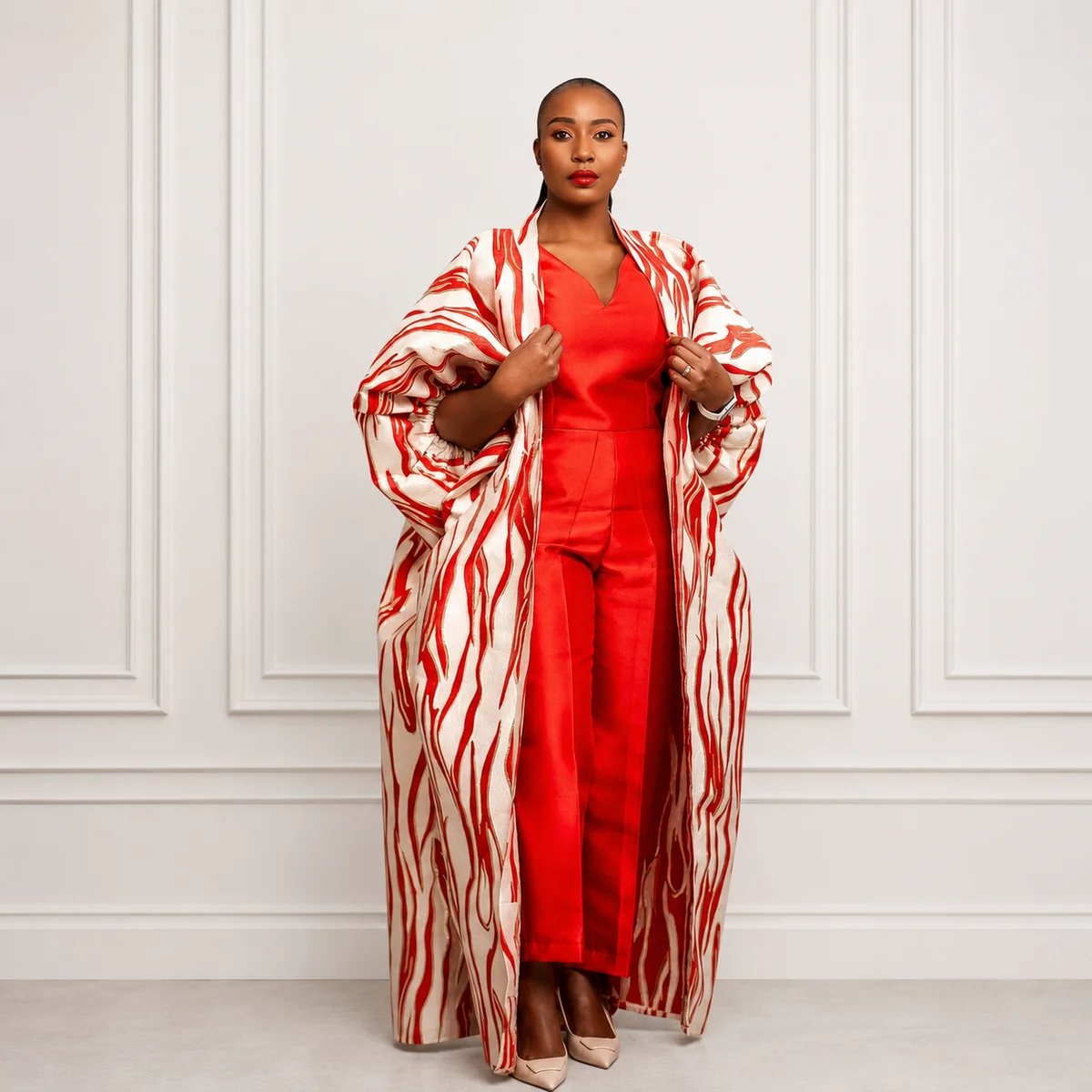 Red Flame Jacquard Kimono Set, Occasionwear