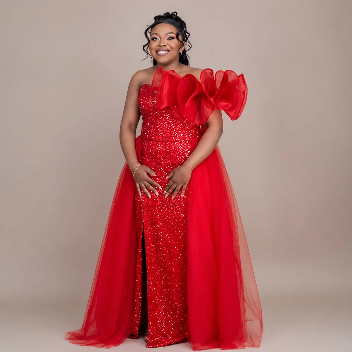 Red Ruffle Bow Slit Gown, Occasionwear